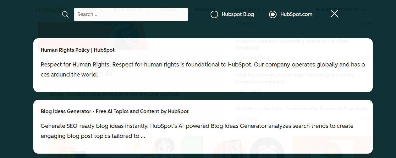 Screenshot of HubSpot’s blog search interface reflecting AI-driven content recommendations.