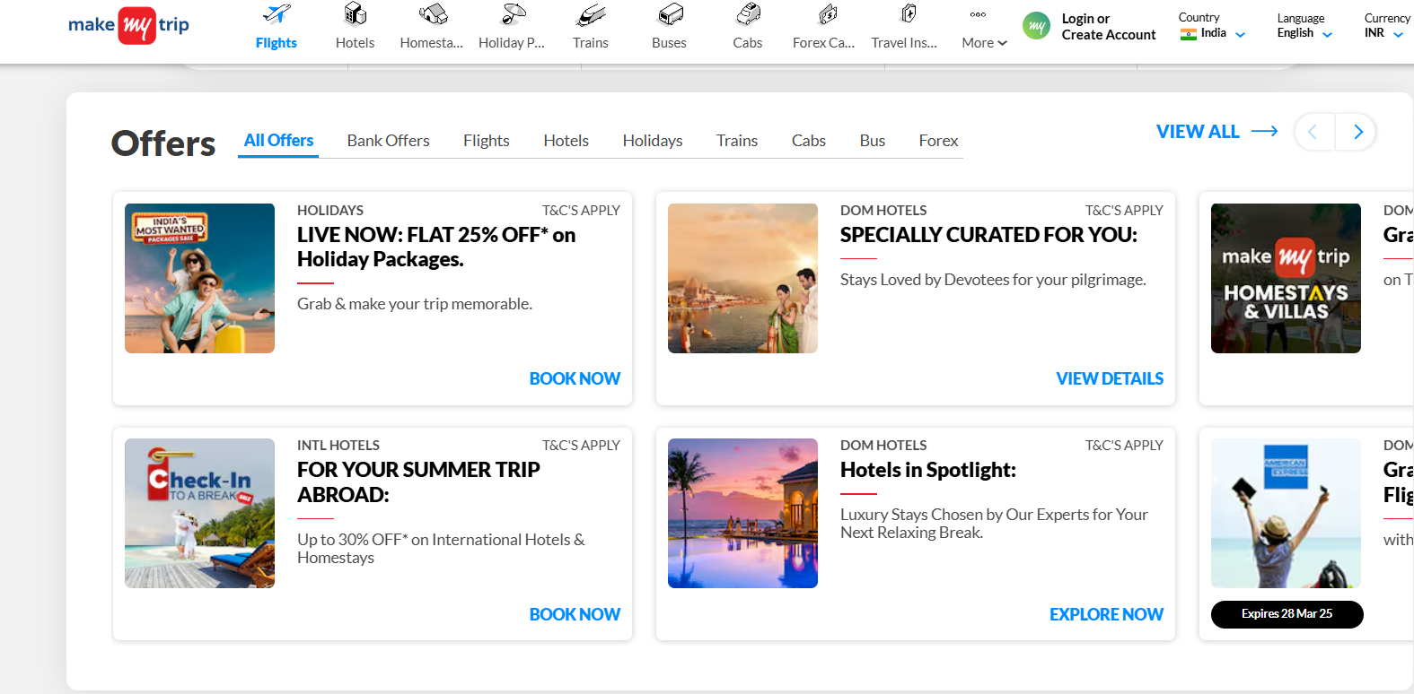 Screenshot of MakeMyTrip website’s homepage