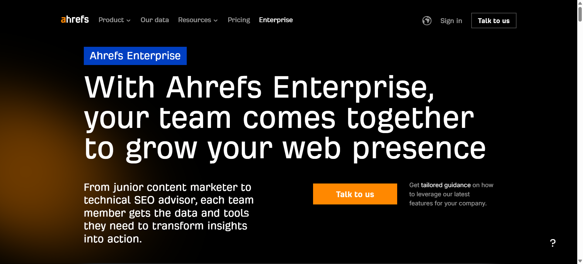 Homepage screenshot of Ahrefs Enterprise SEO tool